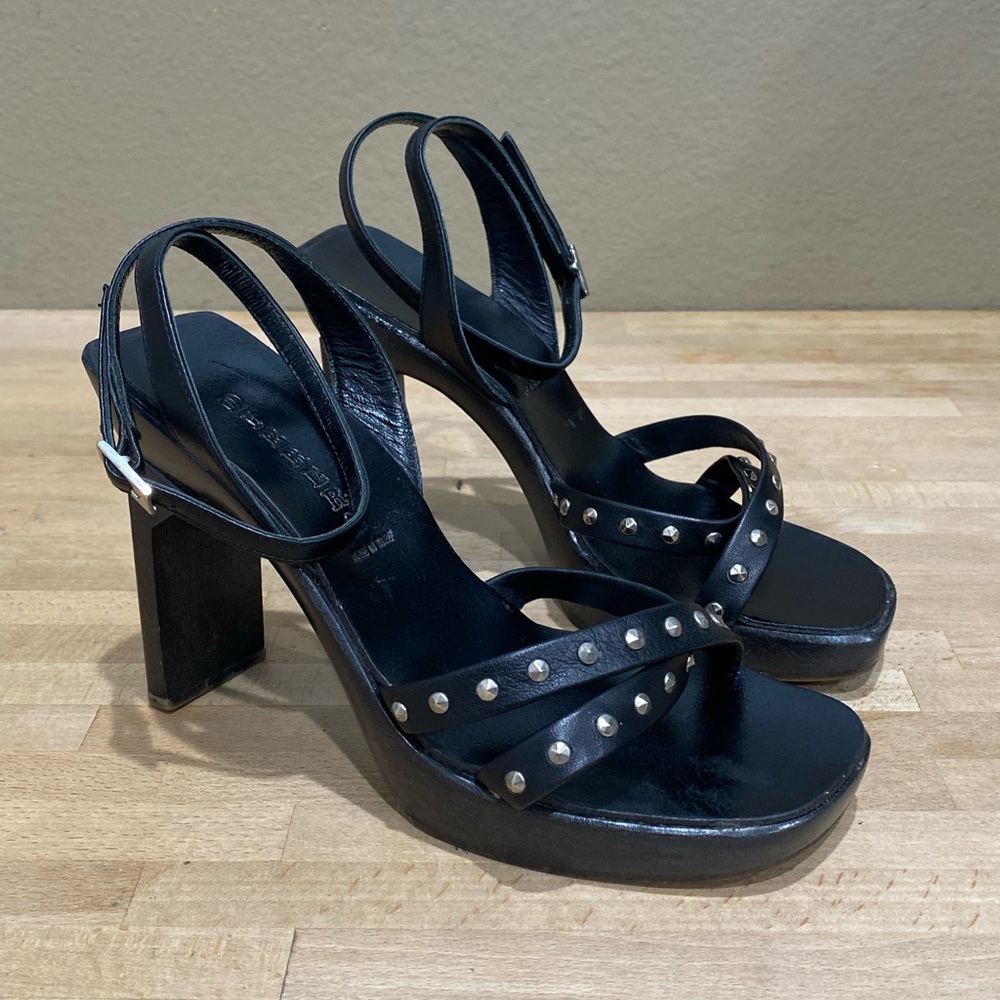 DIBRERA Leather High Heels Black Studded EUR 35.5, US 5  Square Buckle Open Toe